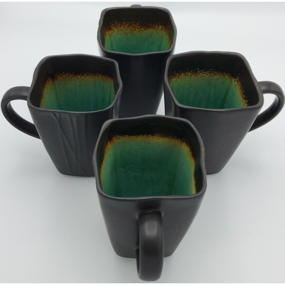 Baum Galaxy Jade Square Coffee Mugs Cups 14 oz 4.75" Set of 4 Pottery Teal Brown